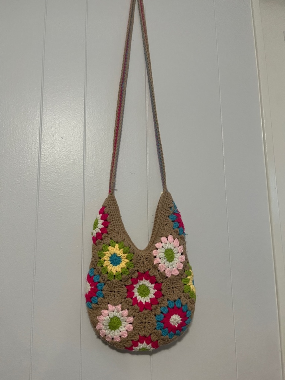 Handcrafted Multicolor Crochet Shoulder Bag - Brown and Floral Accents - Picture 2 of 6